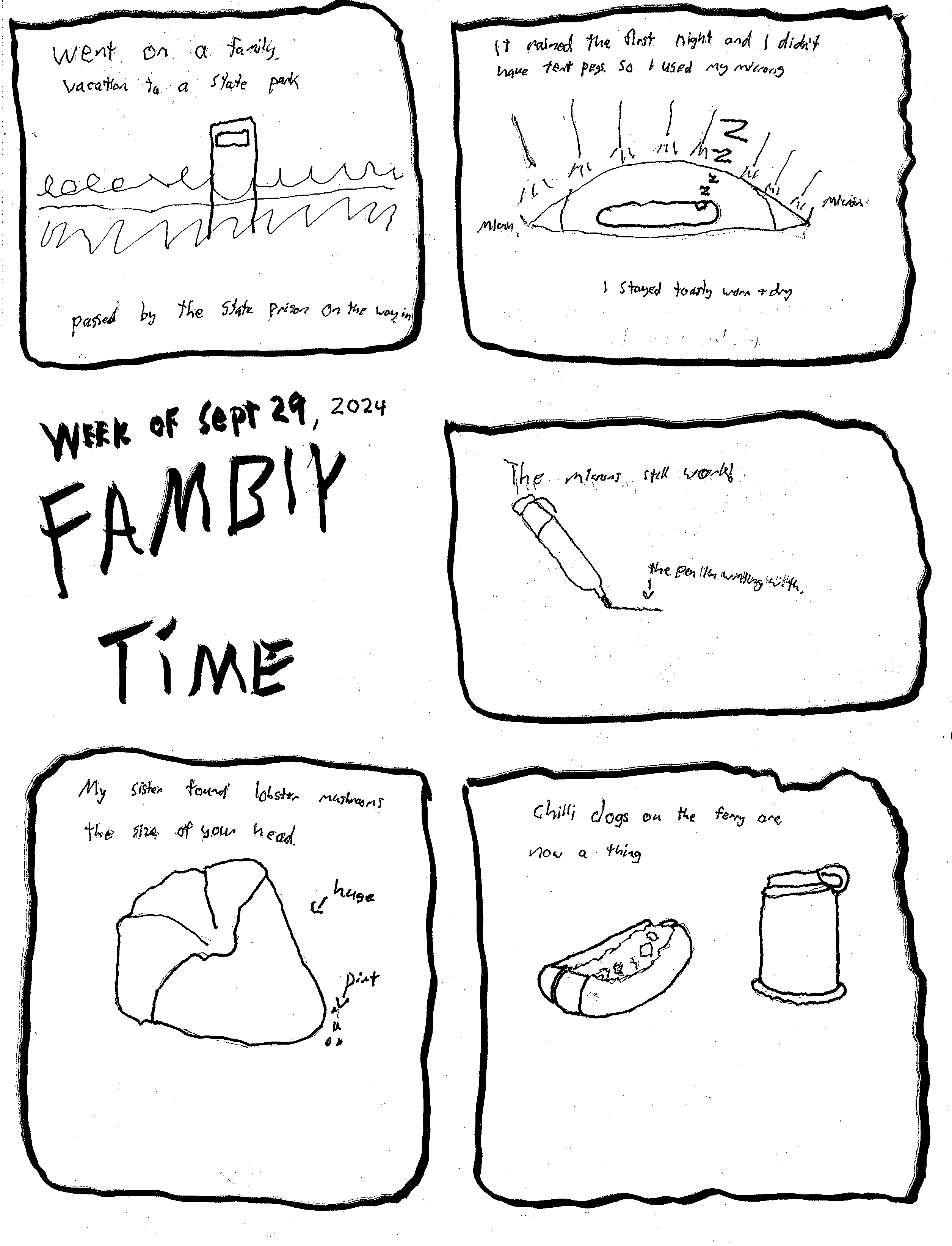 a six panel comic, the first panel reads, "Went on a family vacation to a state park, passed by a state prison on the way in" there's a little drawing of razor wire and a watchtower. The second panel reads, "I didn't have tent pegs, and it was raining, so I used my good microns as tent pegs. I stayed toasty and dry." There is a little drawing of me in a mummy bag inside a tent, it is raining outside the tent. The third panel just says FAMBLY TIME with the date. The fourth panel states, "The microns still work!" There is an arrow pointing to the line on the panel and it states, "The pen I'm writing with" The fifth panel states, "My sister found lobster mushrooms the size of your head." With a big cone shaped mushroom and some dirt, both labelled. The sixth panel states, "Chilli dogs on the ferry are now a thing." There is a drawing of a nalgene in an inset holder, and a chilli dog with chilli.