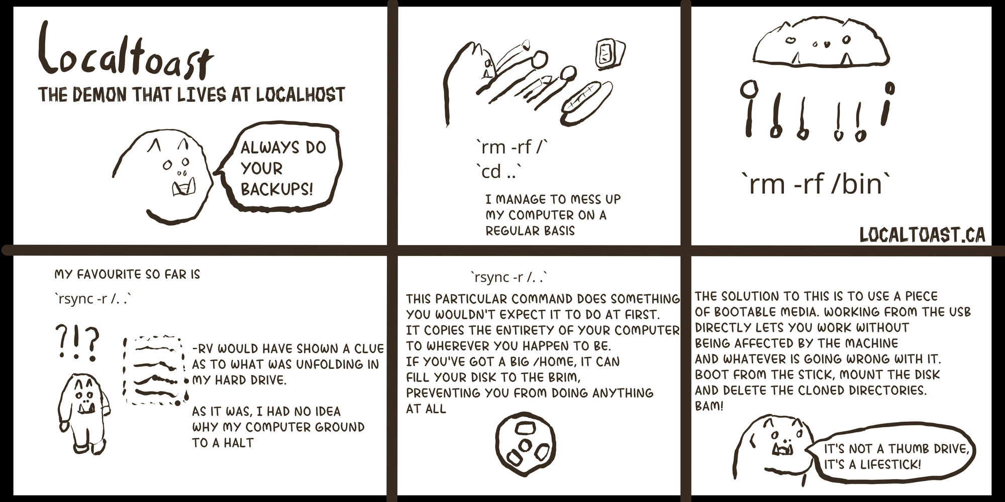 A six panel comic, the first panel reads, "Localtoast, the demon that lives at localhost" With a head of a demon saying "Always do your backups!" The second panel reads, "RM -RF / CD .. I manage to mess up my computer on a regular basis." Third panel, "RM -RF /BIN" with a little demon typing. Panel four, "My favourite so far is RSYNC -R /. . -RV would have shown a clue as to what was unfolding in my hard drive, as it was I had n oidea what my computer ground to a halt." Fifth panel, "RSYNC -R /. . this particular command does something you wouldn't expect it to do at first. It copies the entirety of your computer to wherever you happen to be. If you've got a big /home it cal fill your disk to the brim, preventing you from doing anything at all." Sixth panel reads, "The solution to this is to use a piece of bootable media. Working from the usb directly lets you work without being affected by the machine and whatever is going wrong with it. Boot from the stick, mount the disk and delete the cloned directories, bam!" With a little demon saying, "It's not a thumb drive, it's a life stick!"