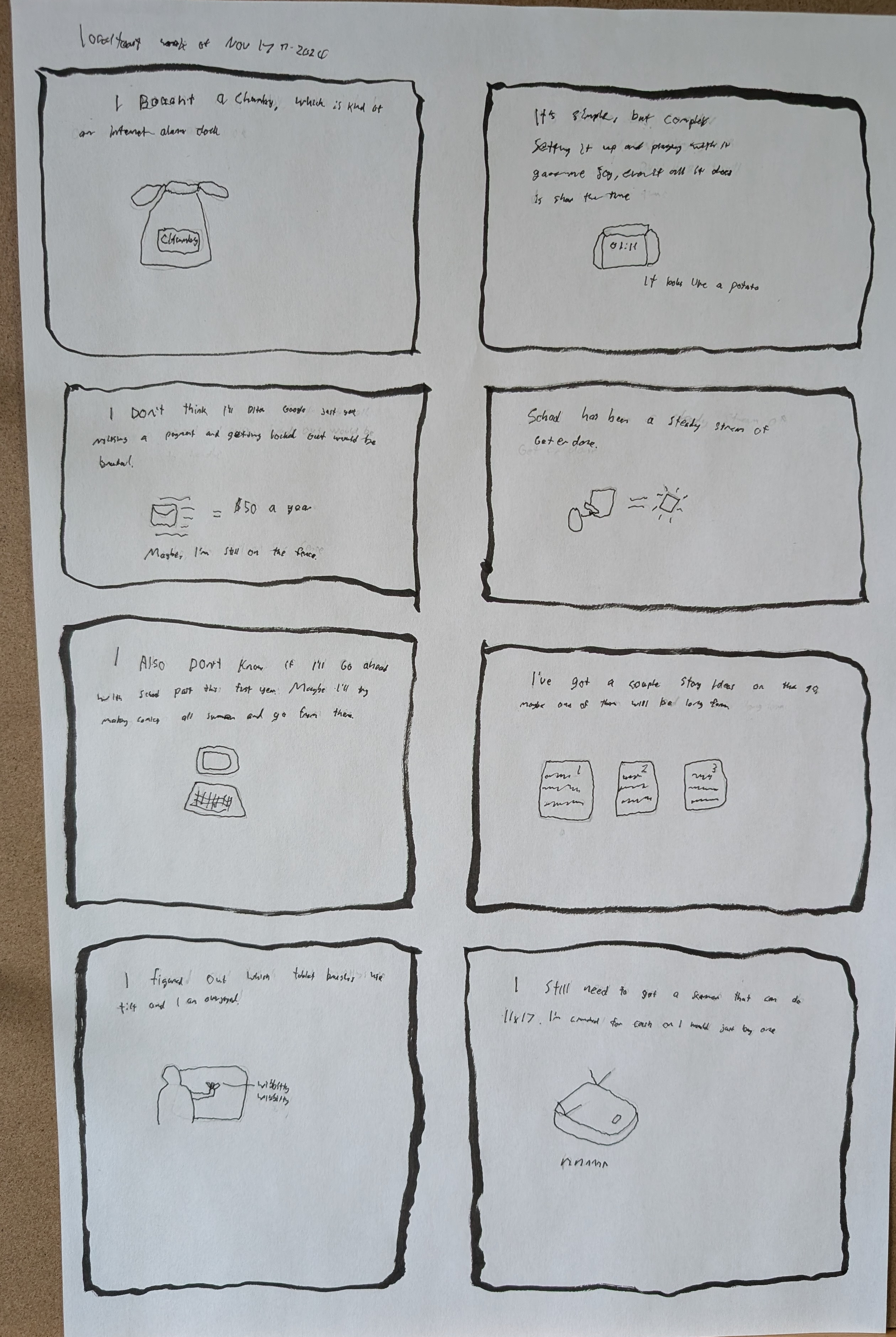 An eight panel comic page layout, the first panel reads, "I bought a chumby, which is a kind of internet alarm clock." A drawing of the charming bag it came in. Second panel reads, "It's simple, but complex. Setting it up and playing with it gave me joy,  even if all it does is show me the time." "it looks like a potato" Panel three reads, "I don't think I'll ditch google just yet. Missing a payment and getting locked out would be brutal." A little drawing of email for $50 a year. "maybe, I'm still on the fence" Panel four reads, "School has been a steady stream of get er done." A little bean hard at work. Panel five, "I alsodon't know if I'll go ahead with school past this first year. Maybe I'll try making comics all summer and go from there. Panel six reads, "I''ve got a couple story ideas on the go, maybe one of them will turn out to be long form." A little drawing of pages with writing on them. Panel seven reads, "I figured out which tablet brushes have tilt and I'm overjoyed" a little drawing of a guy flipping his pencil around. Panel eight reads, "I still need to get a scanner that can do 11x17. I'm crushed for cash or I would just buy one" A little drawing of a flatbed scanner doing its thing.