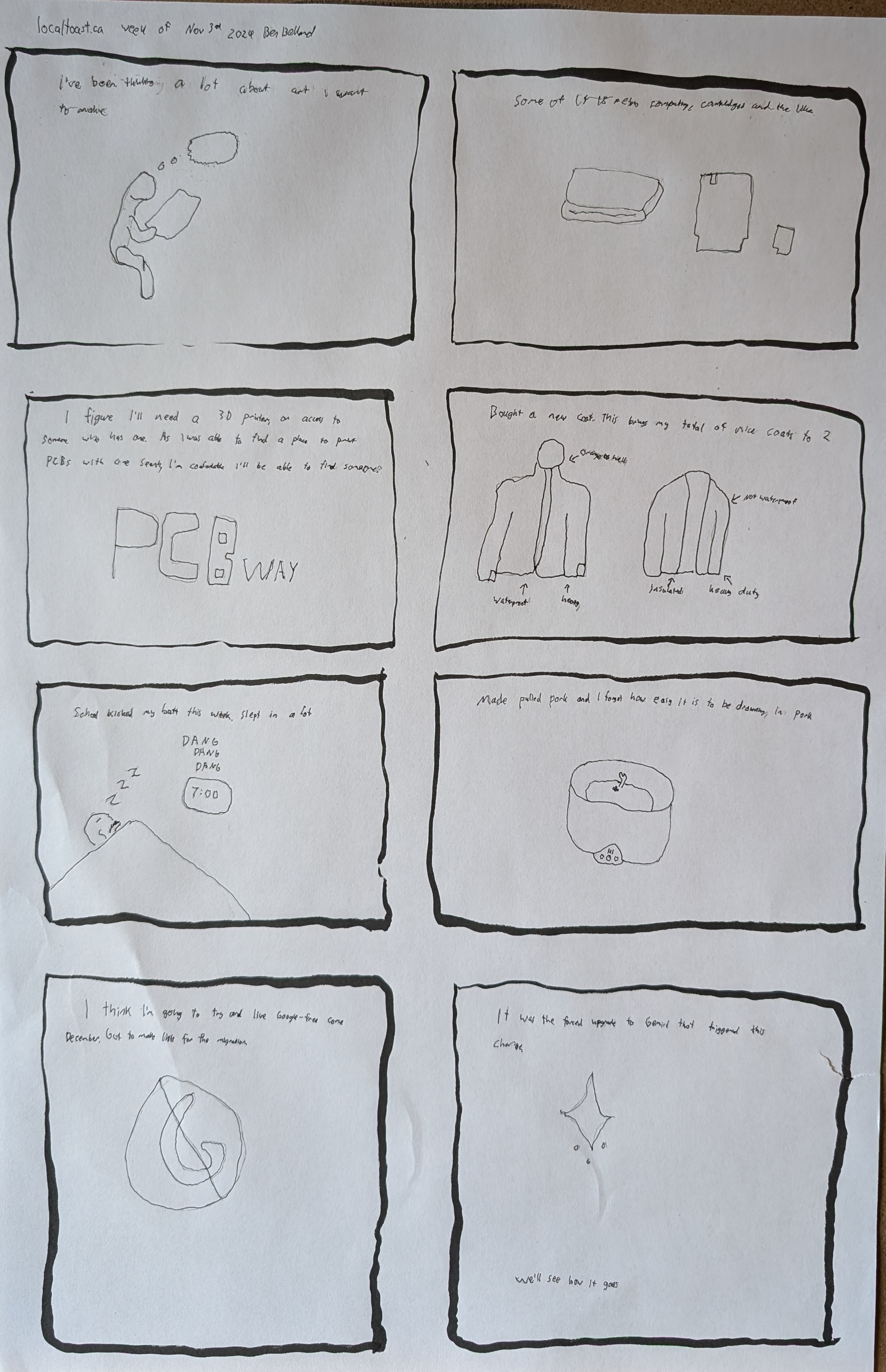 An eight panel page layout. The first panel reads, "I've been thinking a lot about art I want to make." A little blobby guy thinking doodle. Panel two, "Some of it is retro computing, cartridges and the like" A super nintendo, Nintendo and Gameboy cartridges as doodles. Panel three reads, "I figure I'll need a 3D printer or access to someone who has one. As I was able to find a place to print PCBs with one search, I'm confident I'll be able to find someone" The logo for PCBway.com. Panel four reads, "Bought a new coat. This brings my total of nice coats to 2." Descriptive drawings of two coats, one waterproof and one not. Panel five reads, "School kicked my butt this week. Slept in a lot." A little alarm clock going nuts and a guy snoozing, Panel six reads, "Made pulled pork and I forgot how easy it is to be drowning in pork." A slow cooker with a tiny guy drowning in pork in it. Panel six reads, "I think I'm going to try and live google free come December. Got to make lists for the migration to go well." A big NO G sign. The eighth panel reads, "It was the forced upgrade to Gemini that triggered this change." A little doodle of the Gemini AI logo.