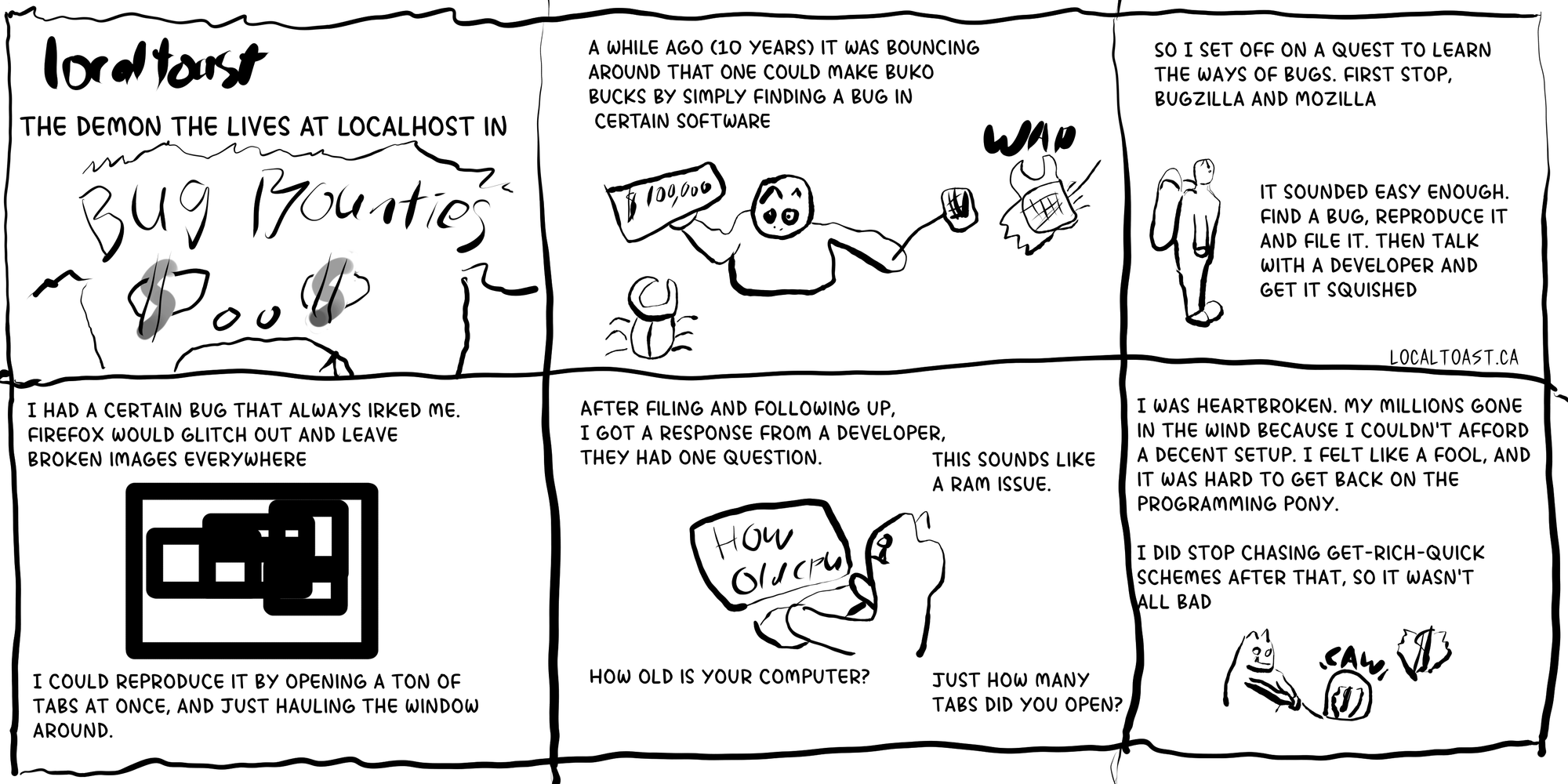 a six panel webcomic. The first panel reads, "Localtoast, the demon that lives at localhost in Bug Bounties" with a little thing of a guy with dollar signs in his eyes having his mind blown. Panel two reads, "A while ago (10 years) it was bouncing around that one could make buko bucks by simply finding a bug in certain software." A drawing of a guy lifting a rock worth $100,000, and then squishing a beetle. Panel three reads, "So I set off on a ques tto learn the ways of bugs, first stop, bugzilla and mozilla. It sounded easy enough, find a bug, reproduce it and file it. Then talk with a developer and get it squished." A little drawing of a guy with a backpack. Panel four reads, "I had  a certain bug that always irked me, firefox would glitch out and leave broken images everywhere. I could reproduce it by opening a ton of tabs at once, and just hauling the window around." A scattered image on a glitchy desktop. Panel five reads, "After filing and following up, I got a reponse form a developer, they had one question, How old is your computer? This sounds like a RAM issue. Just how many tabs did you open? and so on." A little drawing of a  guy getting bad news on the computer. Panel six reads, "I was heartbroken. My millions gone i nthe wind because I couldn't afford a decent setup. I felt like a fool, and it was hard to get back on the programming pony. I did stop chasing get-rich-quick schemes after that, so it wasn't all bad." A little drawing of a guy catching an unlucky pile of cash.