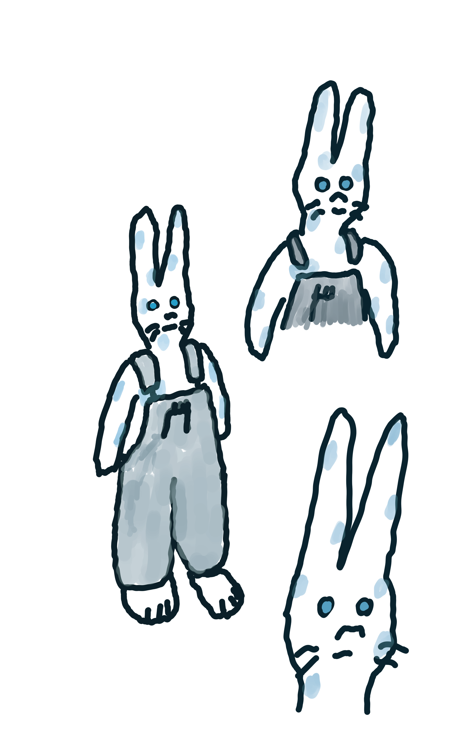 Three views of a rabbit person in blue, grey and white