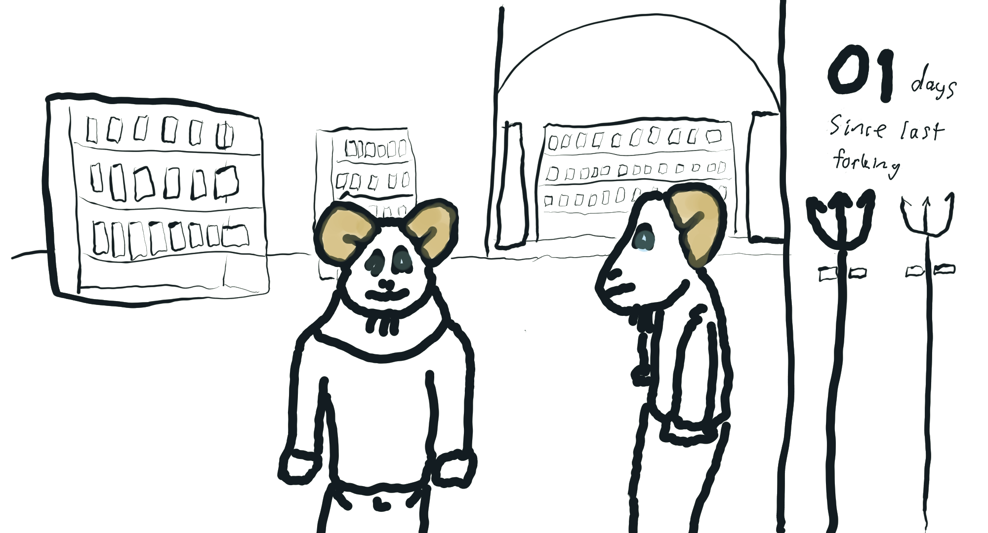 two goat people in what looks like a VHS rental store, with "01 DAYS SINCE LAST FORKING" on the wall with some pitchforks.