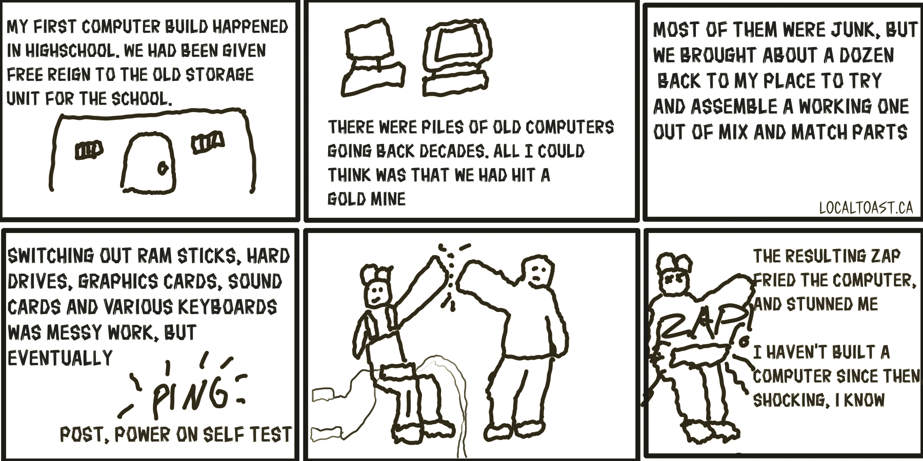 A comic about electrocuting oneself while assembling a computer from spare parts. Ah, youth.