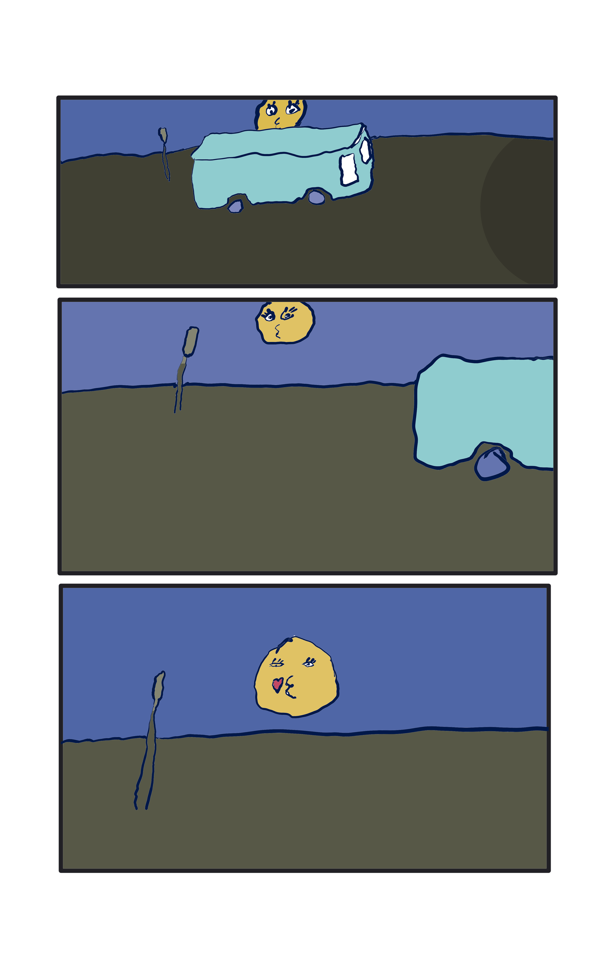 The bus pulls away into the night, the moon is still in its kissy face loop, it blows a little heart as the bus leaves view.