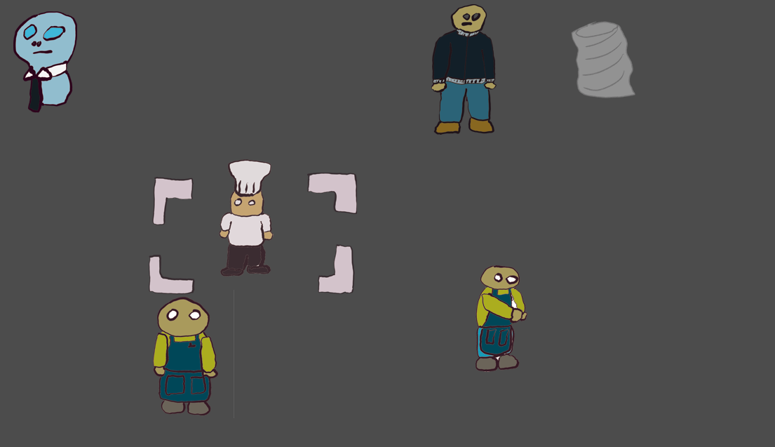 a grey box with little people in it, one is a ghost, the other look like they work in a supermarket