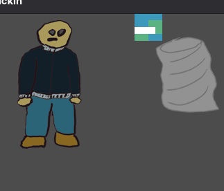 A little warehouse worker in front of a wrapped package, the package itself is sitting offset and to the top of the wrapping