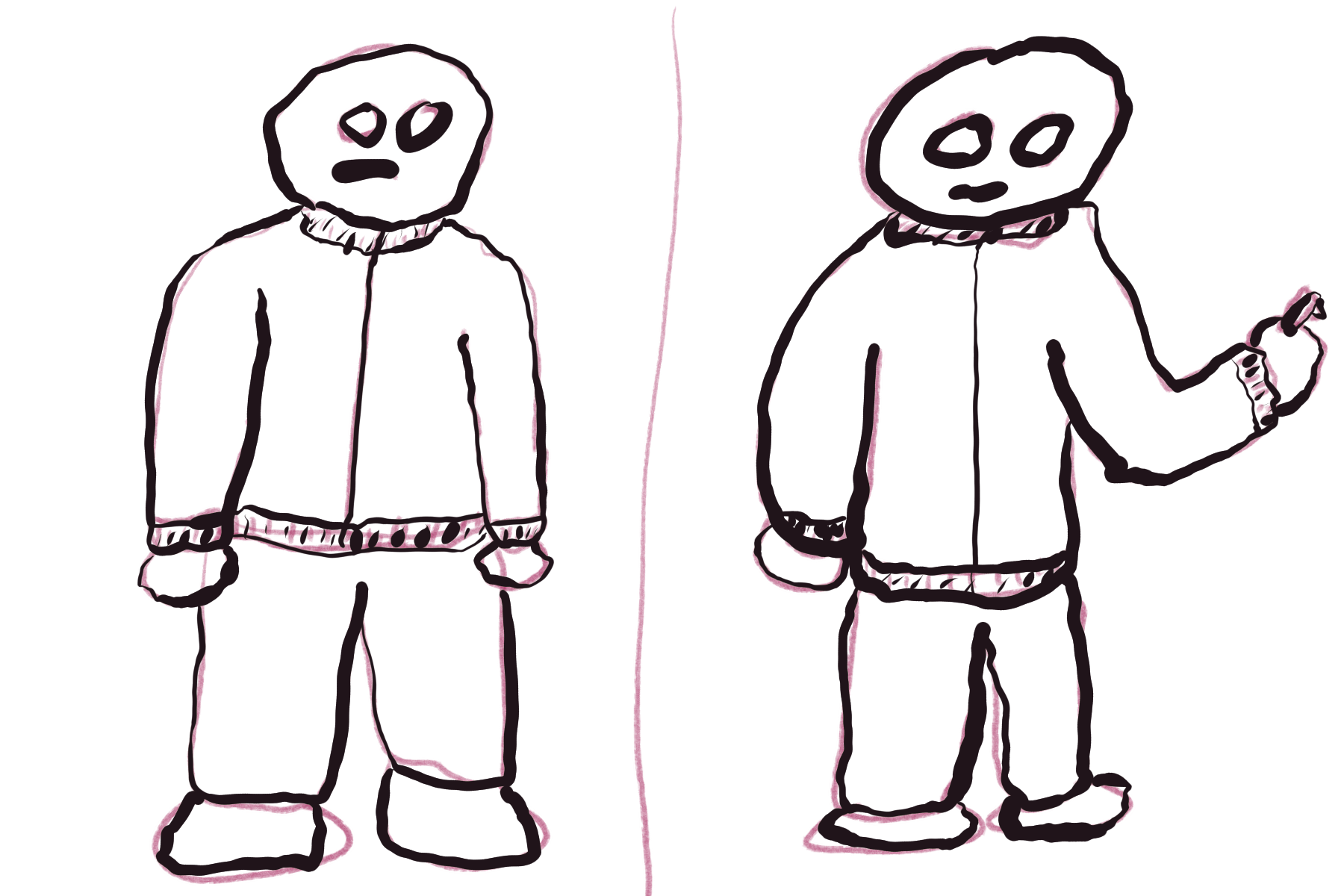 Two blobby guys in coats, one with a little knife