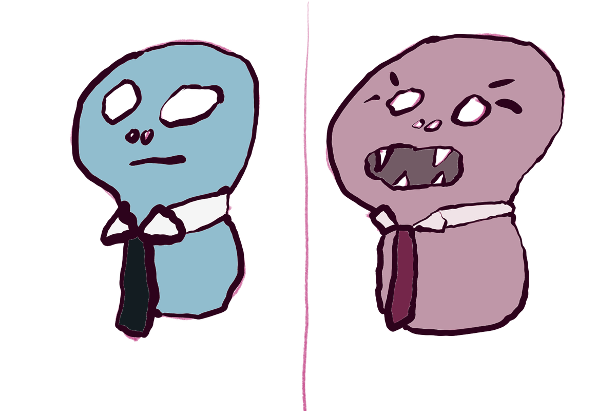 a ghost boss in angry(red) and content(blue) colours